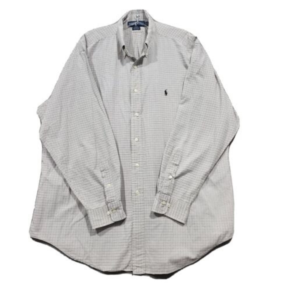 Polo Ralph Lauren Shirt Mens XL Gray Beige Check Yarmouth 100% Cotton Vintage